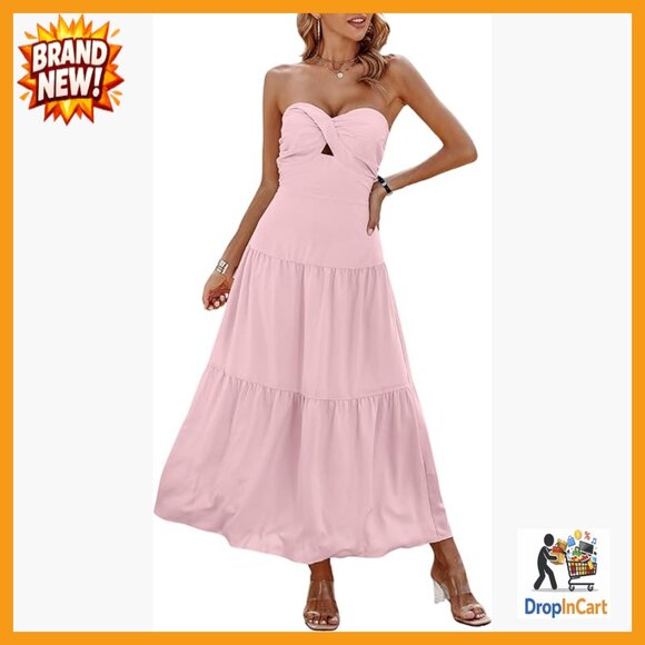 Dresses & Skirts - Strapless Maxi Dress Off Shoulder Hollow Out Smocked A Line Summer Elegant